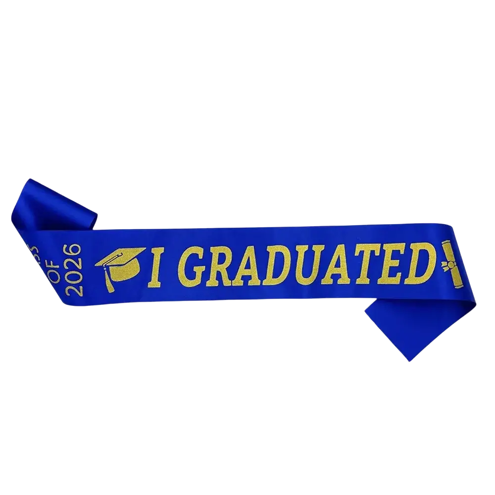 A vibrant royal blue satin graduation stole sash with gold foil lettering and icons for class of 2026 ceremonies