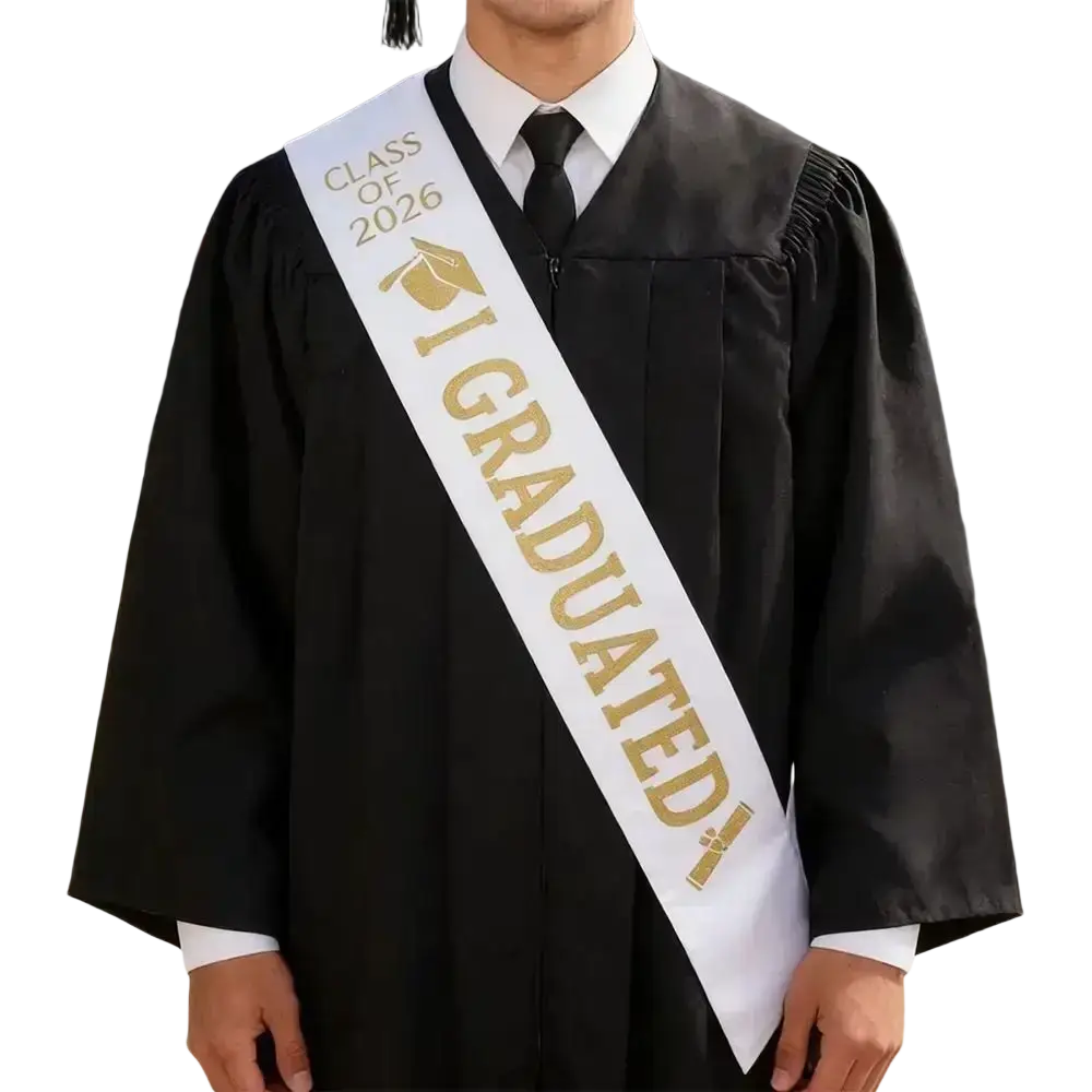White graduation stole sash with gold lettering and graduate cap icon worn over black academic gown for class of 2026