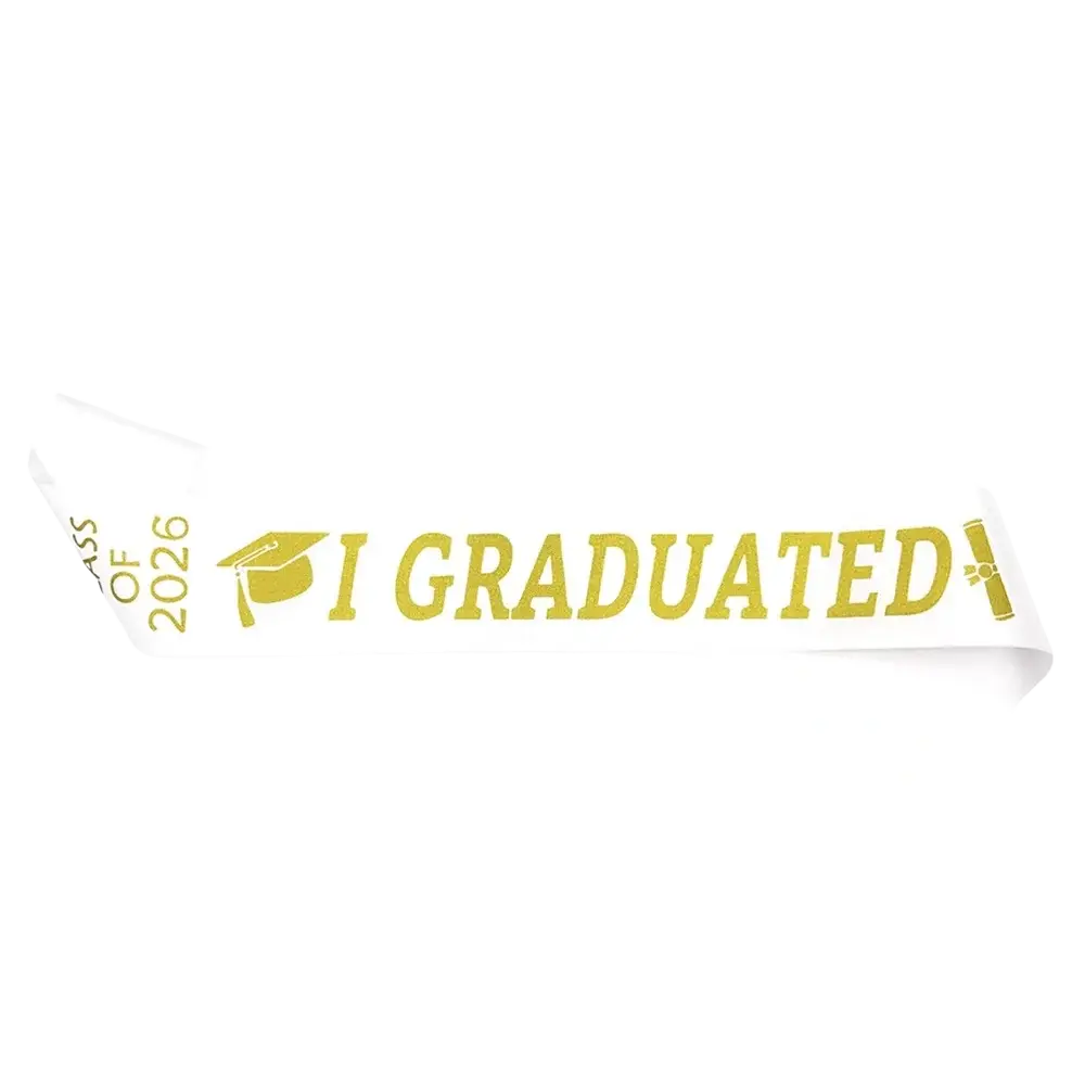 A white satin graduation stole sash with gold foil lettering and icons for class of 2026 celebrations