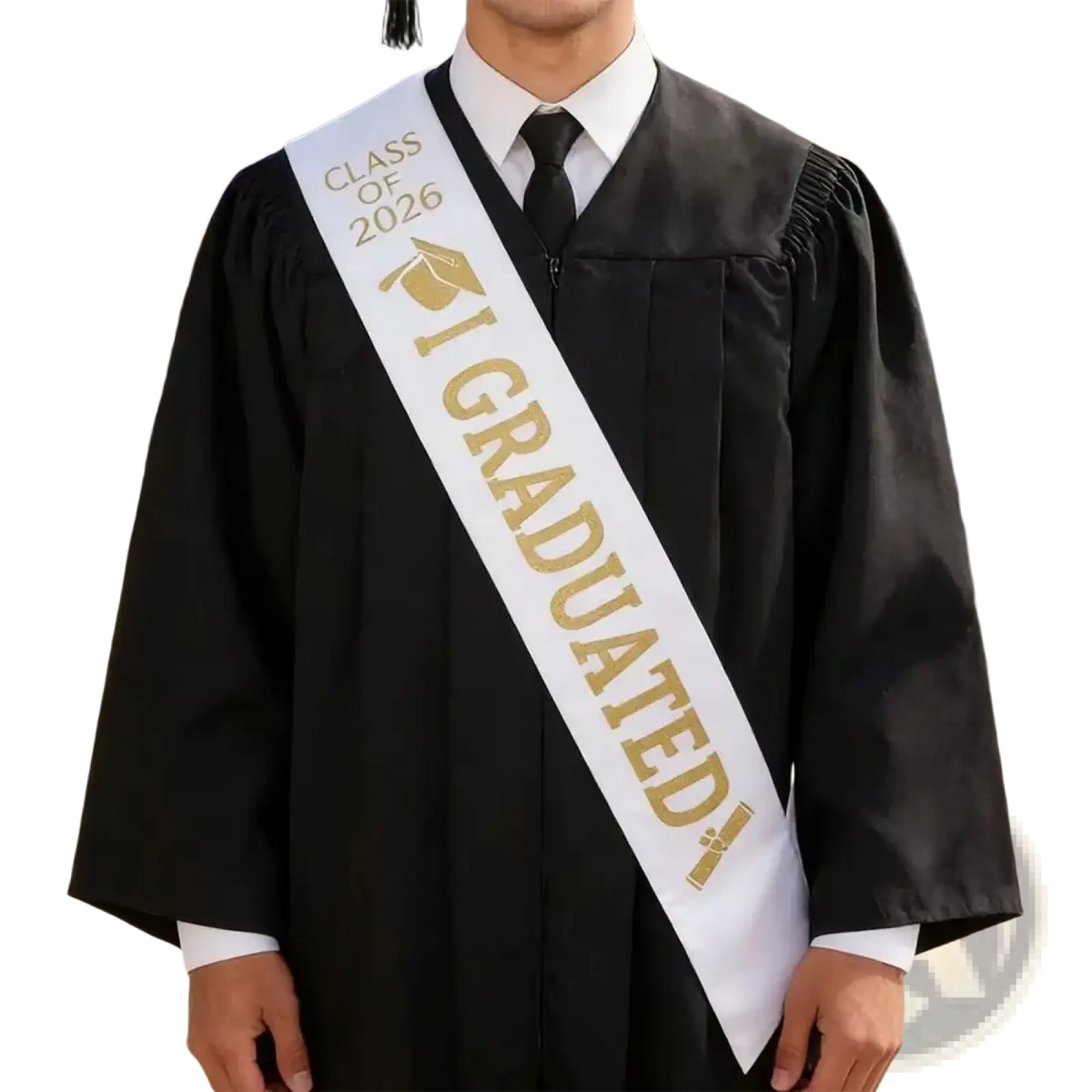 White satin graduation stole sash with gold lettering class of 2026 and i graduated text with cap emblem