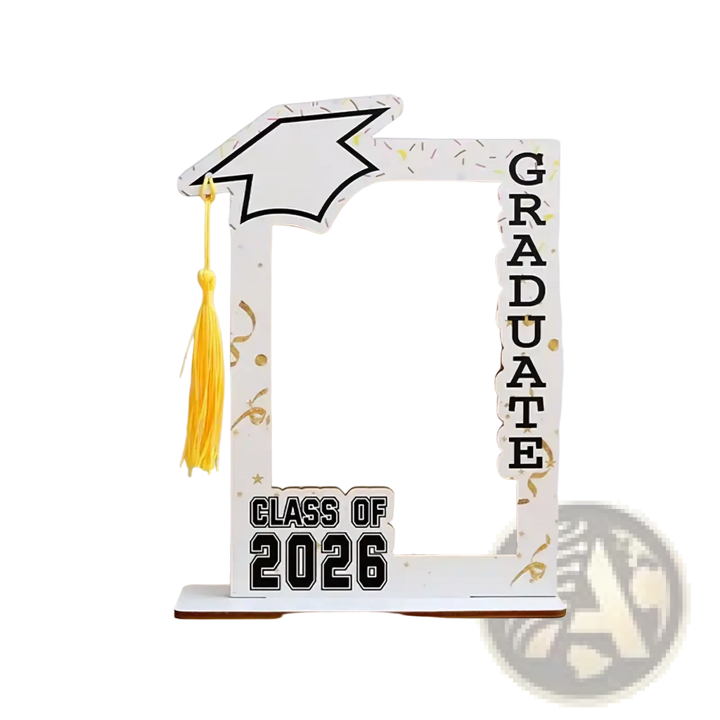 Class of 2026 wooden graduation photo frame in white with black outlined mortarboard and yellow tassel design