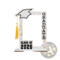 Class of 2026 wooden graduation photo frame in white with black outlined mortarboard and yellow tassel design