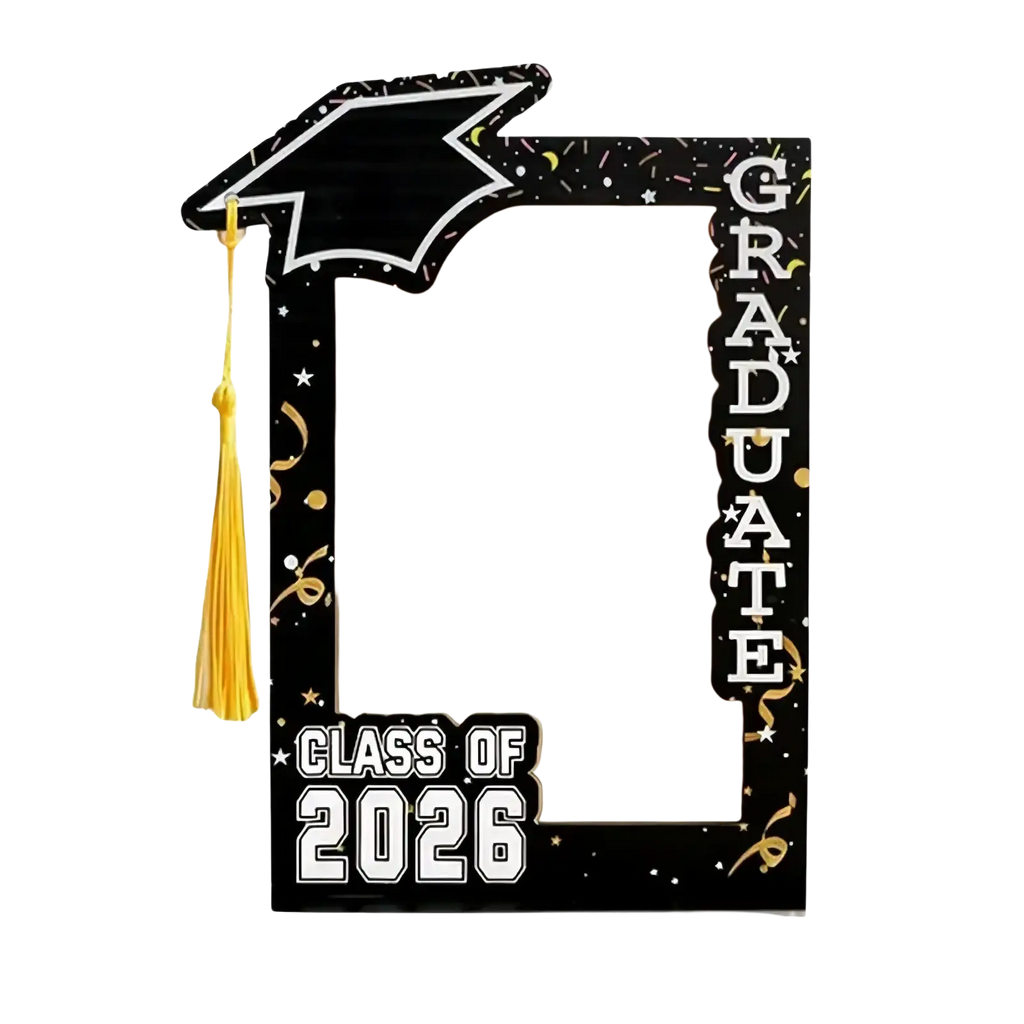 Black wooden graduation photo frame with gold tassel and graduate text featuring class of 2026 at the bottom