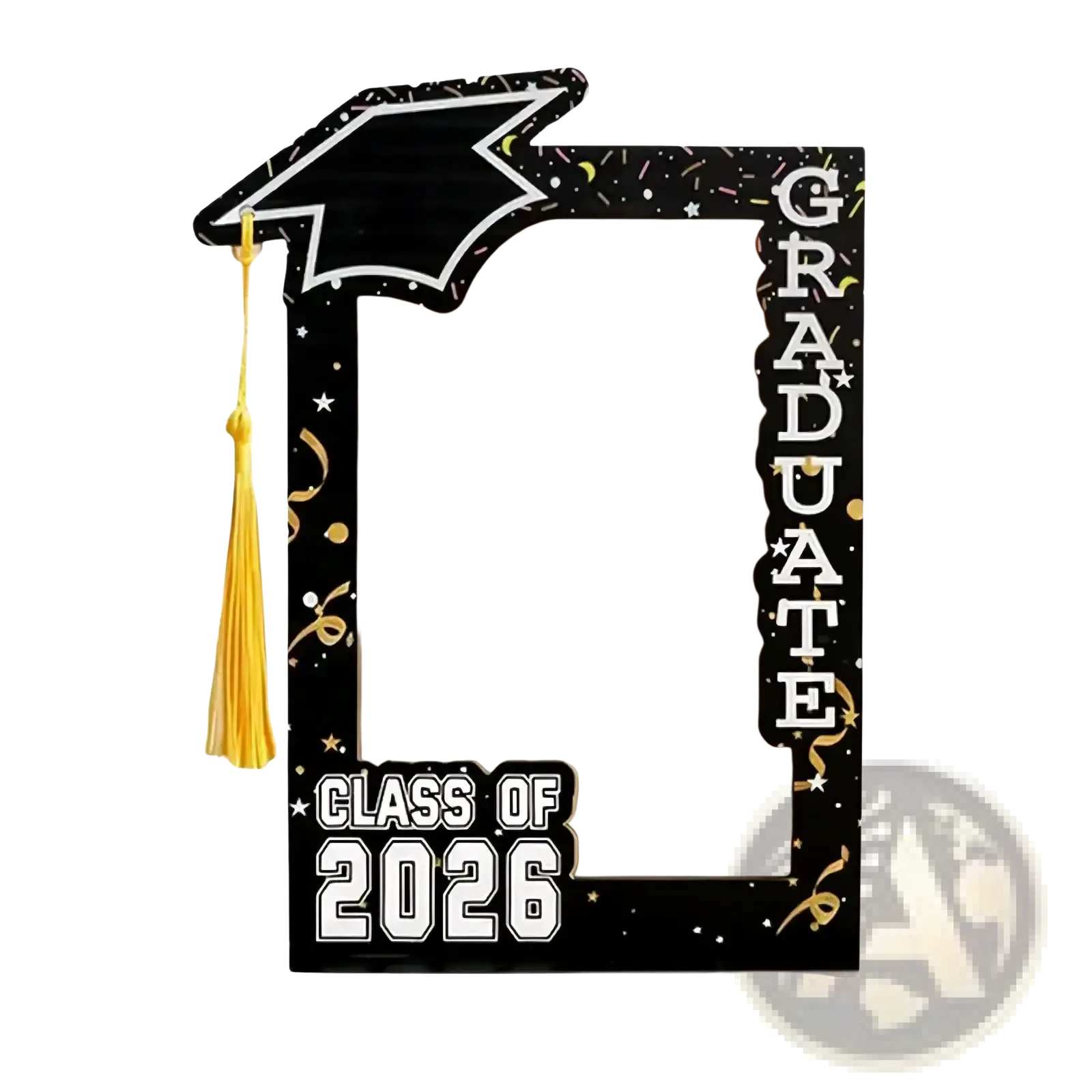 Black wooden graduation photo frame with gold tassel and graduate text featuring class of 2026 at the bottom