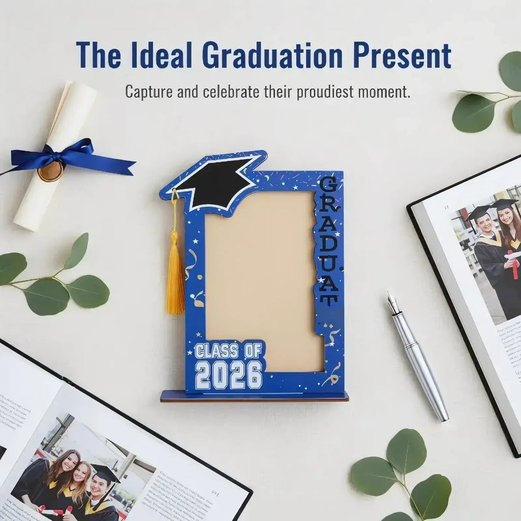 Class of 2026 wooden graduation photo frame in blue with black and gold tassel and graduate text vertically