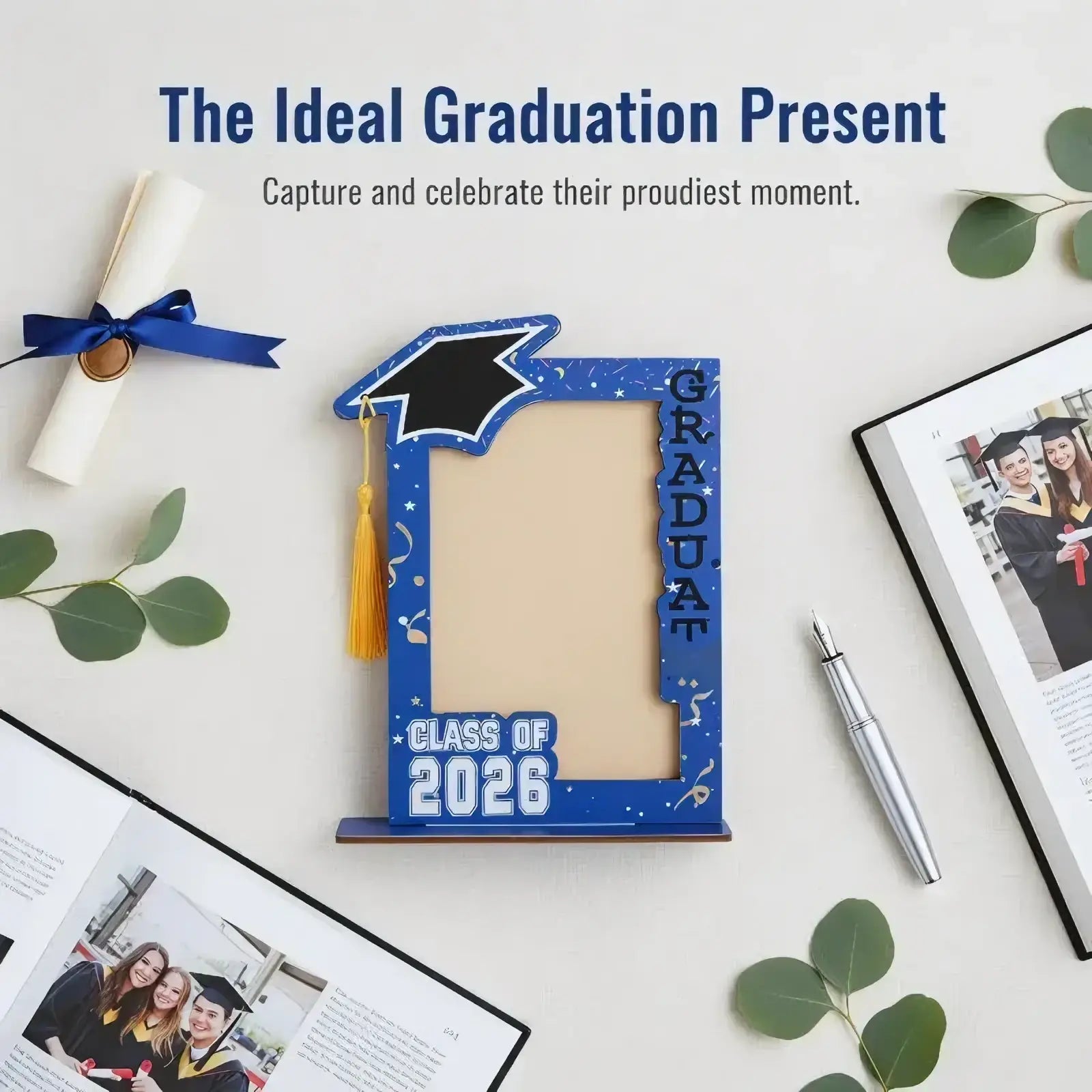 Class of 2026 wooden graduation photo frame in blue with black and gold tassel and graduate text vertically