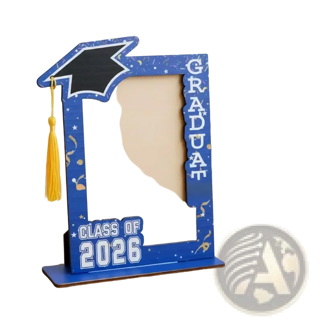 Blue wooden graduation photo frame with black mortarboard cutout graduate class of 2026 and gold confetti details