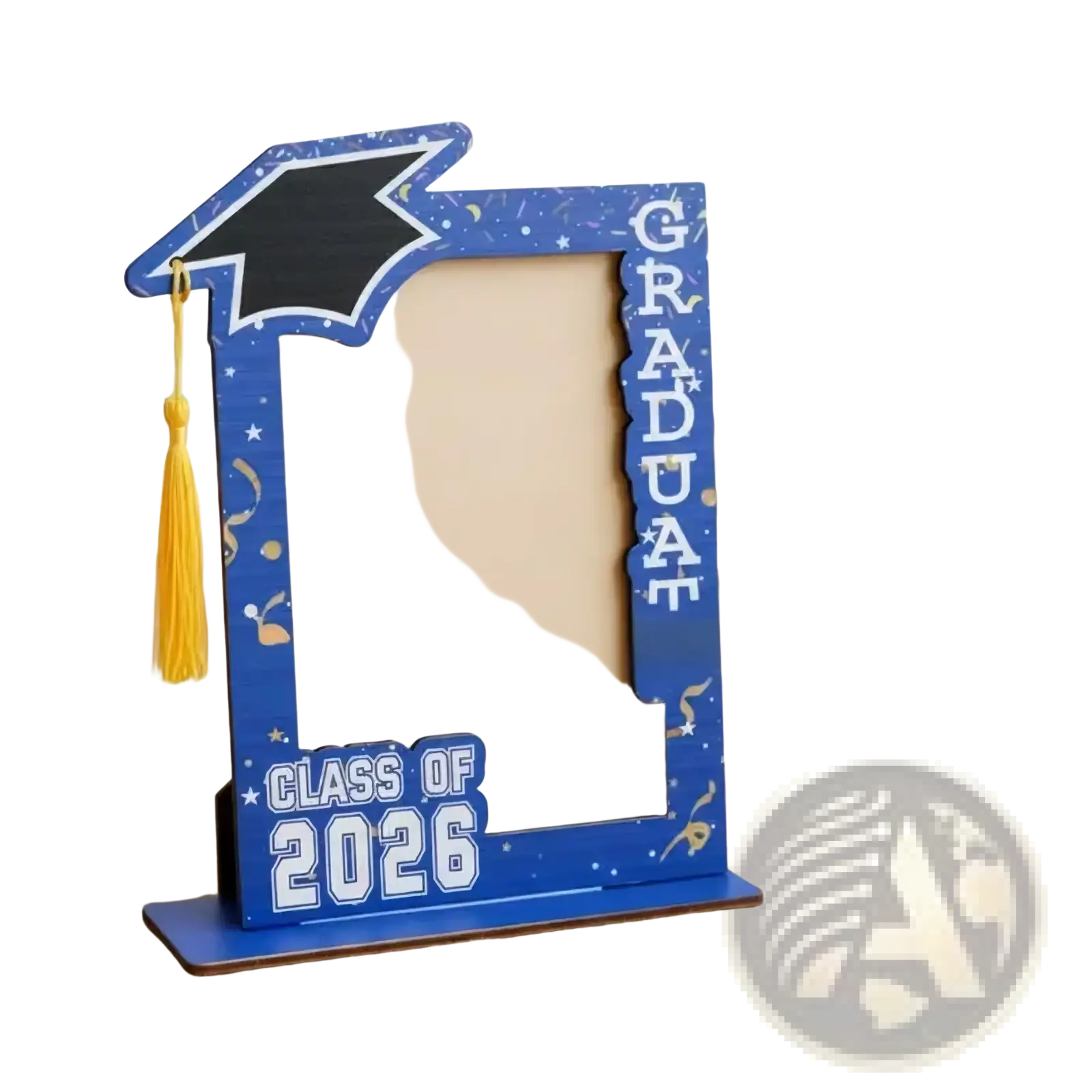 Blue wooden graduation photo frame with black mortarboard cutout graduate class of 2026 and gold confetti details