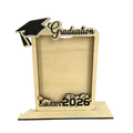Light-colored wooden Class of 2026 graduation photo frame with black laser-cut cap and diploma details