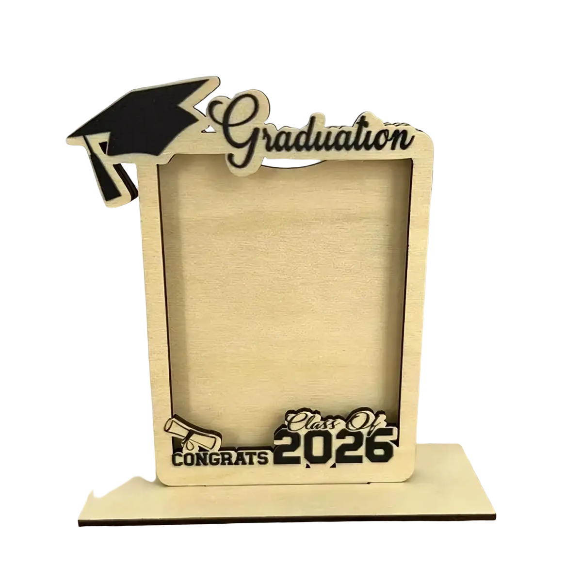 Light-colored wooden Class of 2026 graduation photo frame with black laser-cut cap and diploma details