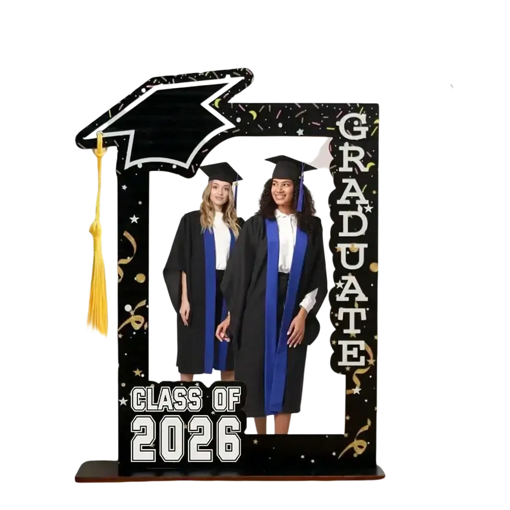 Class of 2026 wooden graduation photo frame set in black with gold accents and decorative mortarboard and tassel on the left side