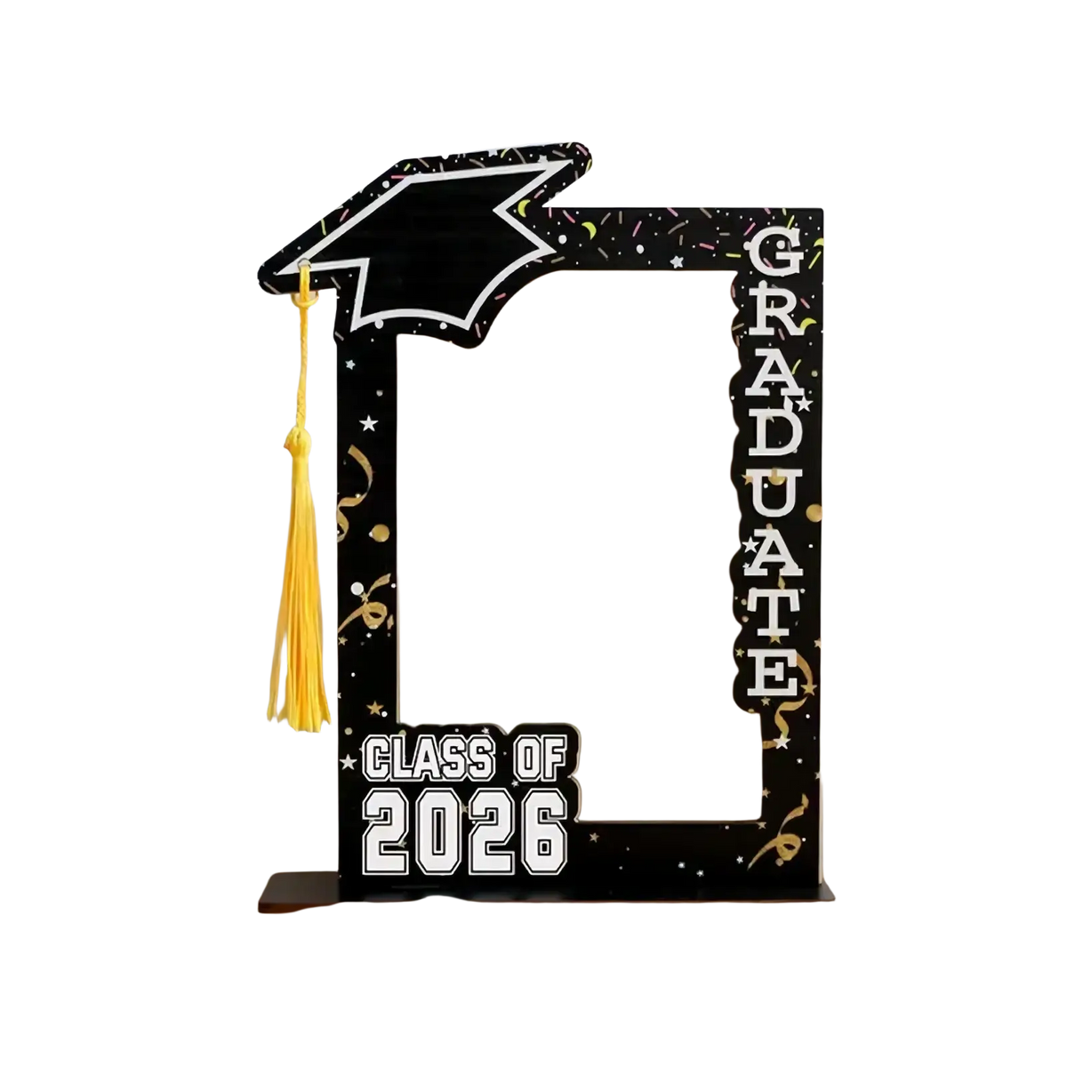 Black wooden graduation photo frame set with gold tassel and class of 2026 text featuring glittery stars and confetti accents