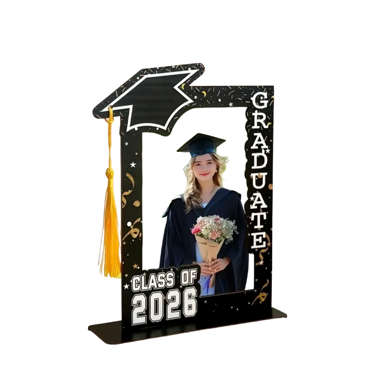 Class of 2026 wooden graduation photo frame set in black with gold tassel and starry graduate design