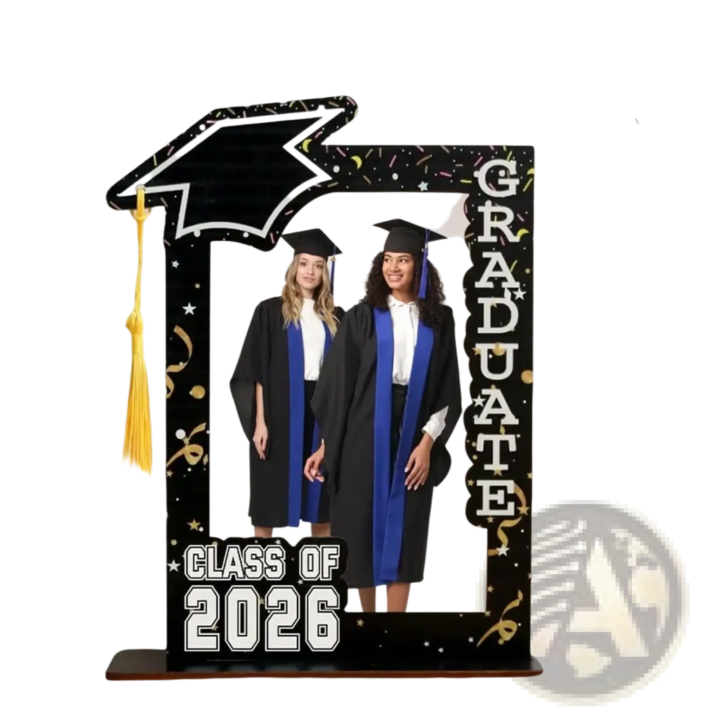 Class of 2026 wooden graduation photo frame set black with decorative mortarboard and gold confetti accents graduate text