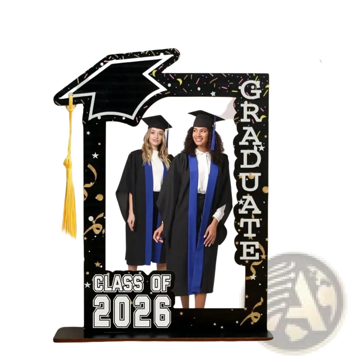Class of 2026 wooden graduation photo frame set black with decorative mortarboard and gold confetti accents graduate text