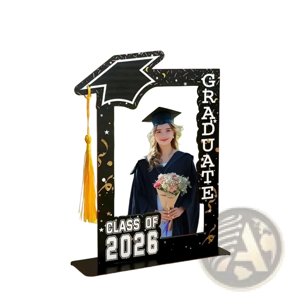 Class of 2026 wooden graduation photo frame set in black with gold tassel and starry graduate design