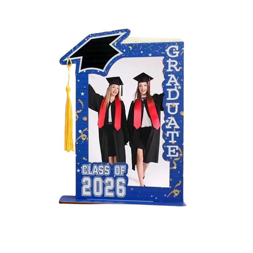 Blue wooden graduation photo frame set with black mortarboard yellow tassel and white graduate class of 2026 lettering