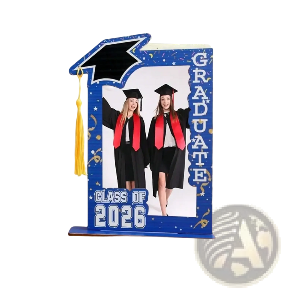 Blue wooden graduation photo frame set with black mortarboard yellow tassel and white graduate class of 2026 lettering