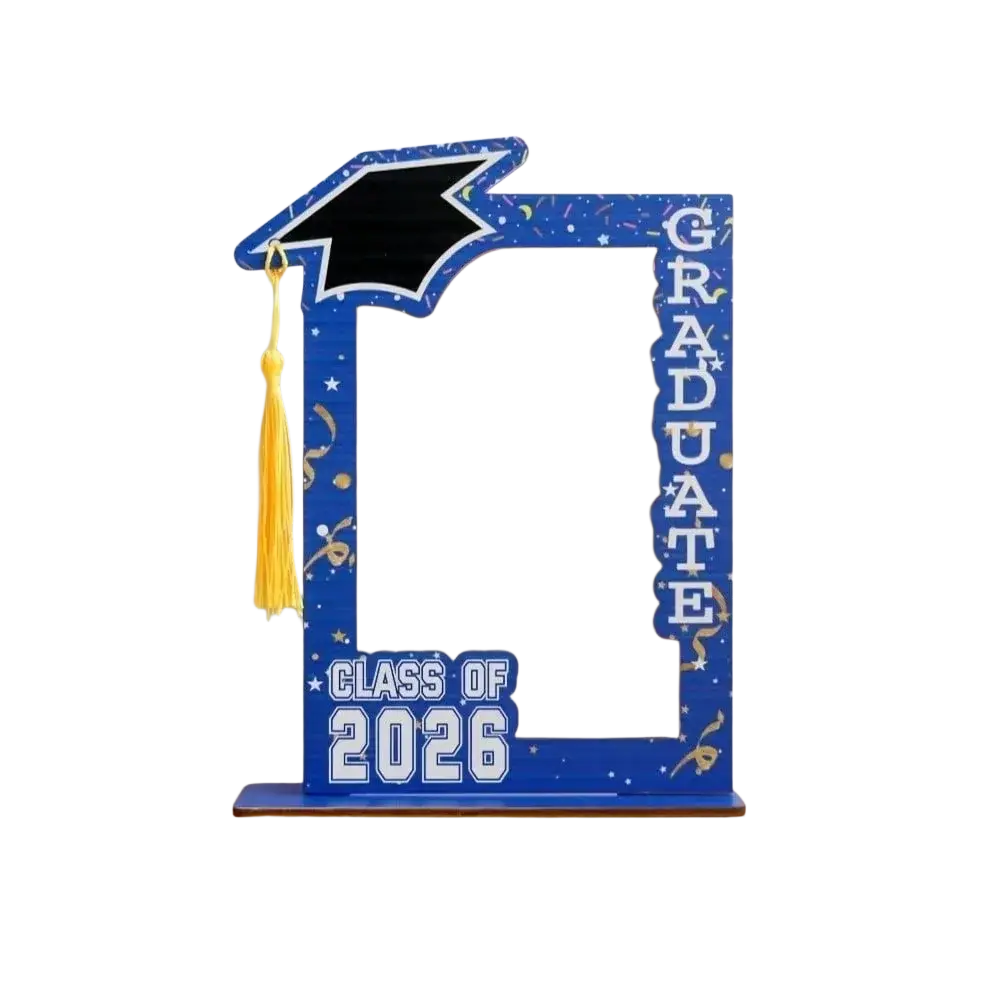 Class of 2026 wooden graduation photo frame set featuring blue wood with graduate and tassel design for graduation photos