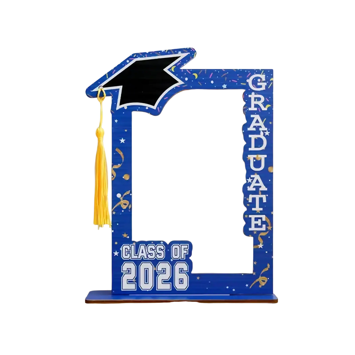 Blue wooden graduation photo frame set with black mortarboard yellow tassel and class of 2026 lettering
