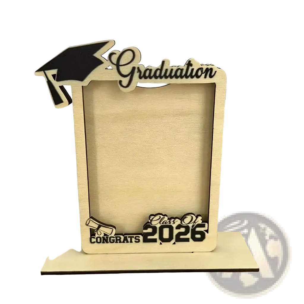 Light-colored wooden Class of 2026 graduation photo frame with black laser-cut cap and diploma details