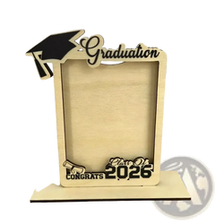 Light-colored wooden Class of 2026 graduation photo frame with black laser-cut cap and diploma details