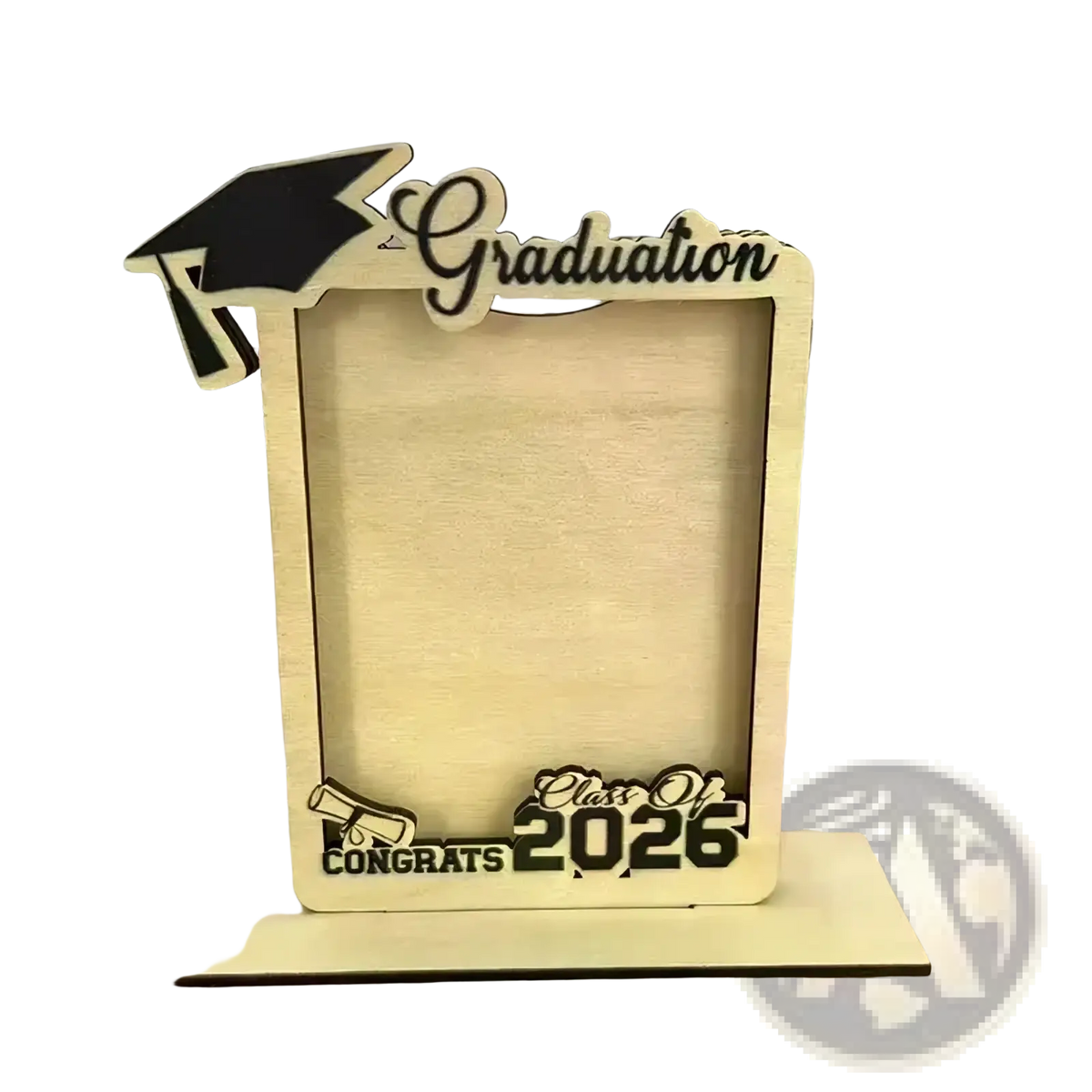 Light-colored wooden graduation photo frame with laser-cut black cap, graduation script, and class of 2026 congrats engraving