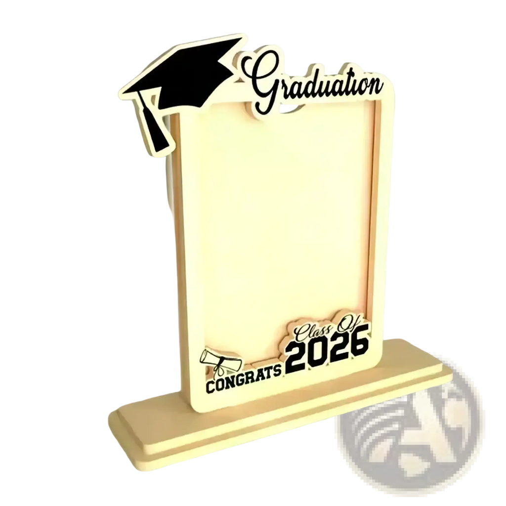 Class of 2026 wooden graduation photo frame set with light wood, black mortarboard, and engraved congrats base