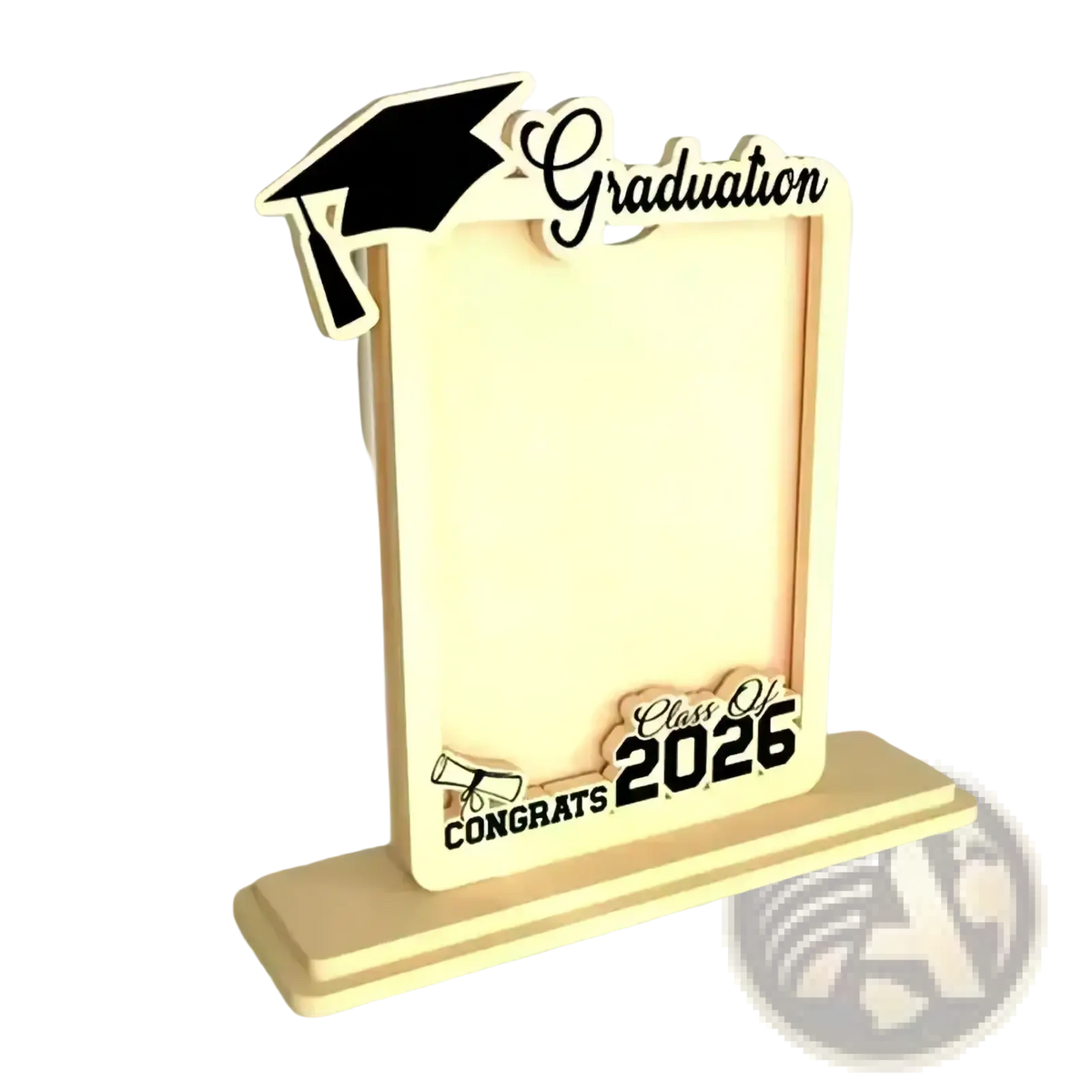 Class of 2026 wooden graduation photo frame set with light wood, black mortarboard, and engraved congrats base