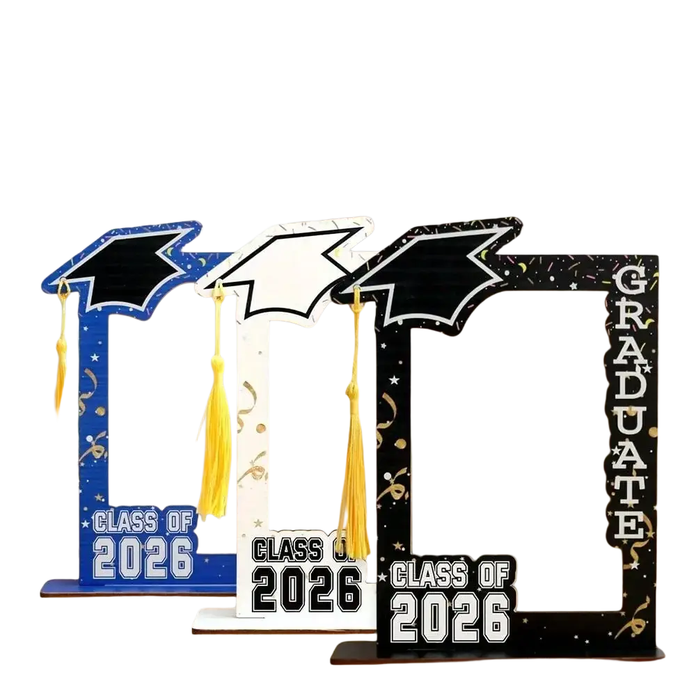 Class of 2026 wooden graduation photo frame set with three decorative frames featuring cutout mortarboards in blue glitter white and black gold foil
