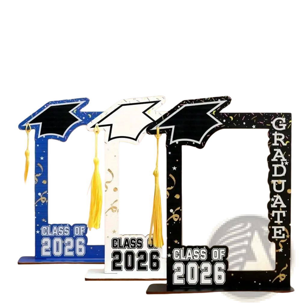 Class of 2026 wooden graduation photo frame set with three decorative frames featuring cutout mortarboards in blue glitter white and black gold foil