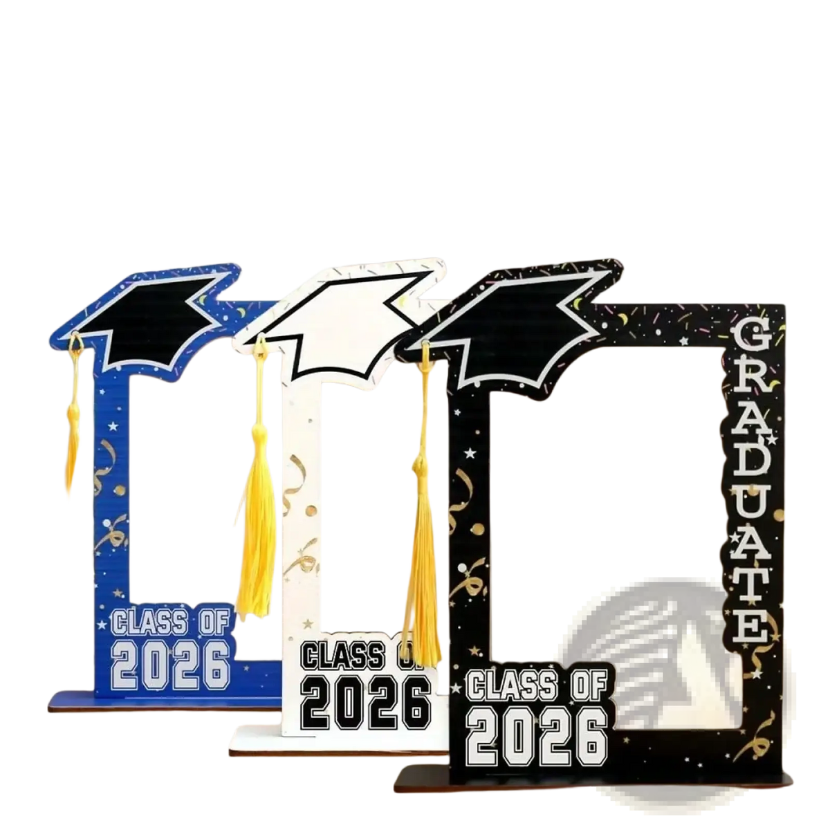 Class of 2026 wooden graduation photo frame set with three decorative frames featuring cutout mortarboards in blue glitter white and black gold foil