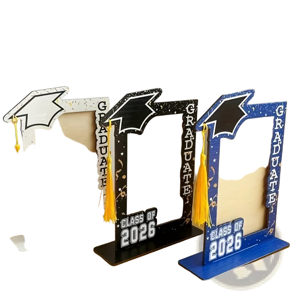 Class of 2026 wooden graduation photo frame set with three cap-shaped yellow tassel tops and class of 2026 text