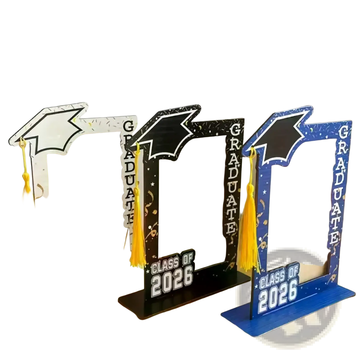 Class of 2026 wooden graduation photo frame set with three mortarboard designs and yellow tassels for class photos