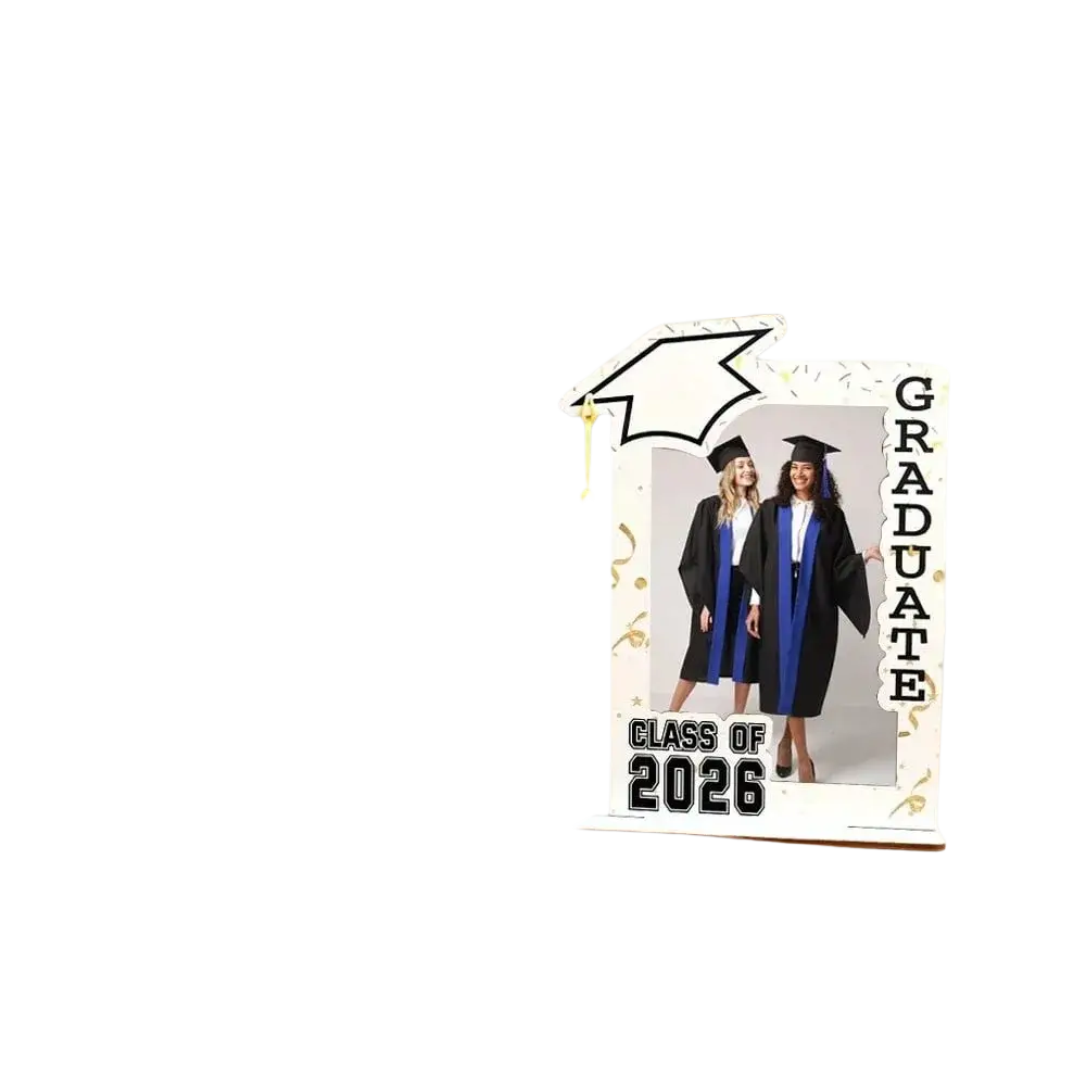 Class of 2026 wooden graduation photo frame set with white base black and gold accents and mortarboard topper with yellow tassel