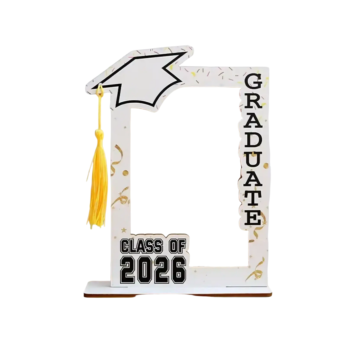 White wooden graduation photo frame with gold accents featuring decorative cap tassel and class of 2026 text