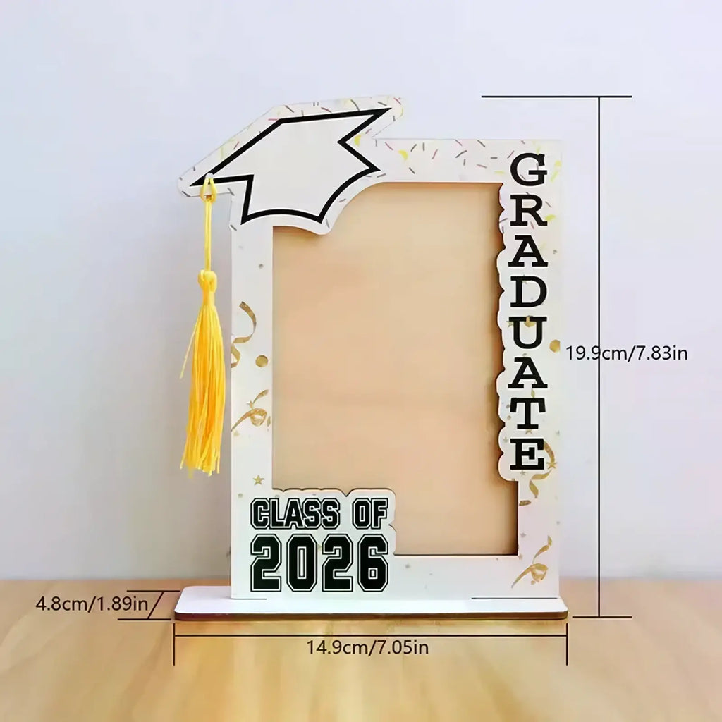 White wooden graduation photo frame with black outlined mortarboard and yellow tassel class of 2026 design