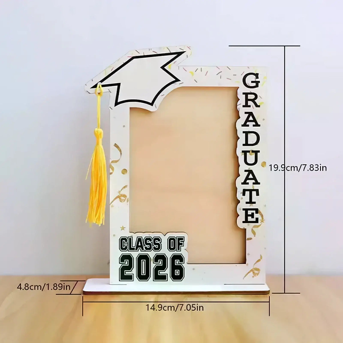 White wooden graduation photo frame with black outlined mortarboard and yellow tassel class of 2026 design