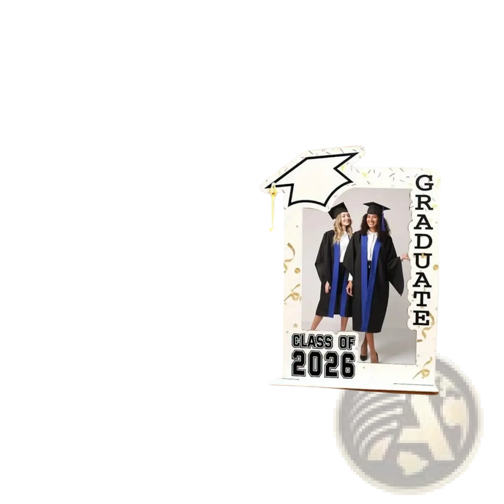Class of 2026 wooden graduation photo frame set with white base black and gold accents and mortarboard topper with yellow tassel