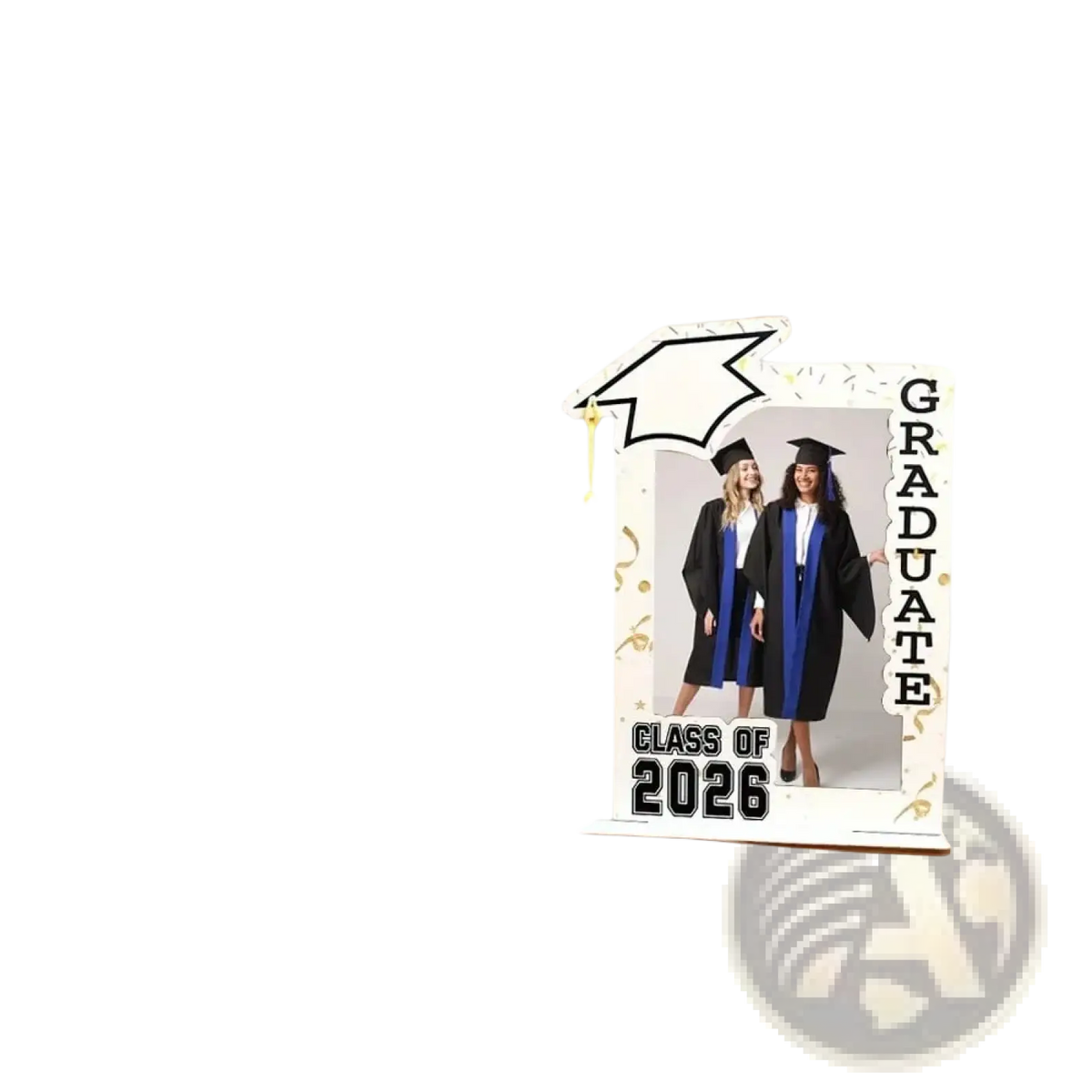 Class of 2026 wooden graduation photo frame set with white base black and gold accents and mortarboard topper with yellow tassel