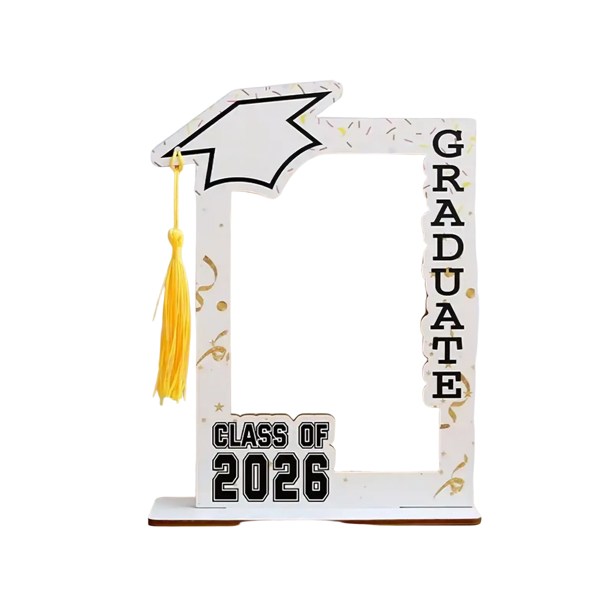 Class of 2026 wooden graduation photo frame in white with black outlined mortarboard and yellow tassel design