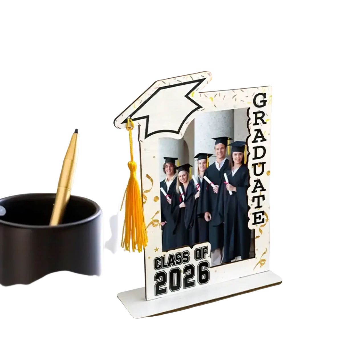 Class of 2026 wooden graduation photo frame in white with decorative mortarboard tassel and black lettering graduate class of 2026