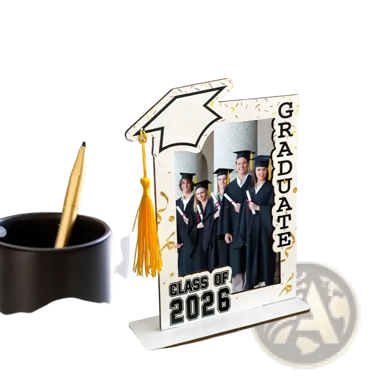 Class of 2026 wooden graduation photo frame in white with decorative mortarboard tassel and black lettering graduate class of 2026