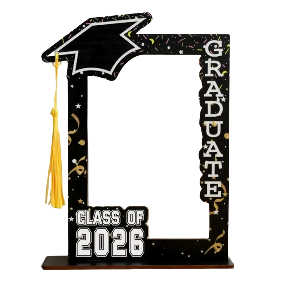 Class of 2026 wooden graduation picture frame in black with decorative cap tassel and graduate text on the side
