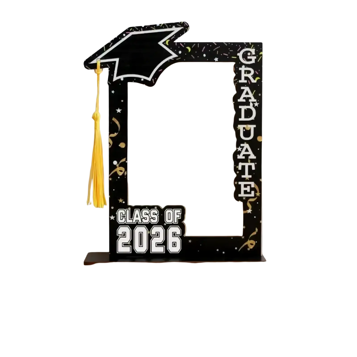 Black wooden graduation picture frame with gold tassel and confetti details class of 2026 design