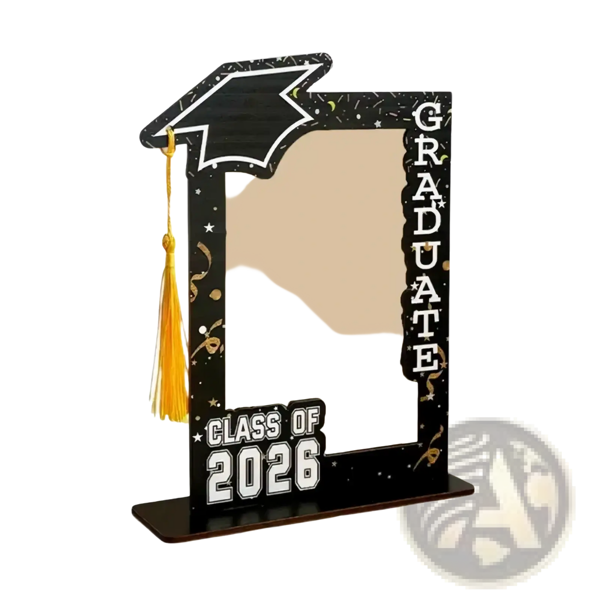 Class of 2026 wooden graduation picture frame in black with decorative mortarboard, gold tassel, and white class of 2026 text