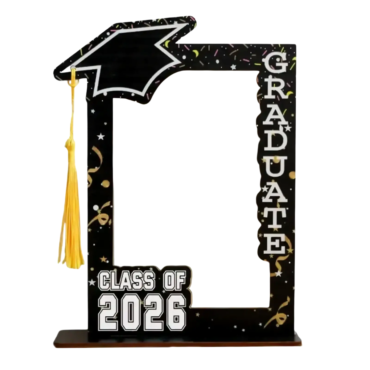 Black wooden graduation picture frame with gold tassel and glittery star confetti for class of 2026 display