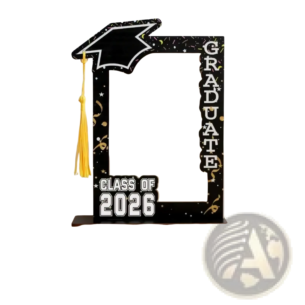 Class of 2026 wooden graduation picture frame in black with gold confetti, decorative mortarboard, and graduate text