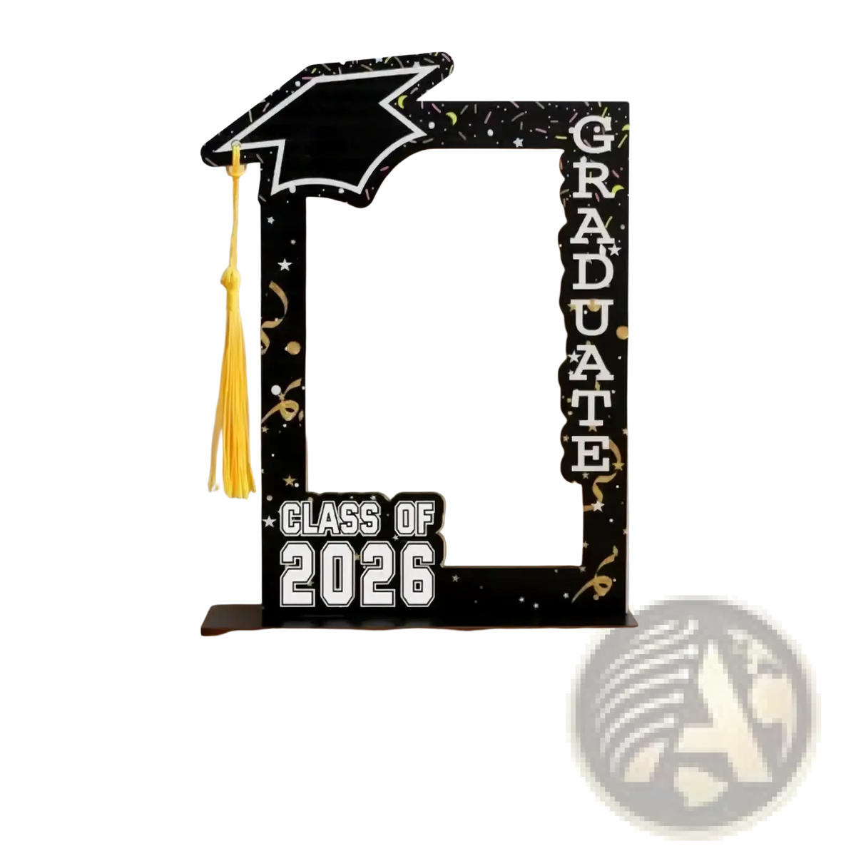 Class of 2026 wooden graduation picture frame in black with gold confetti, decorative mortarboard, and graduate text