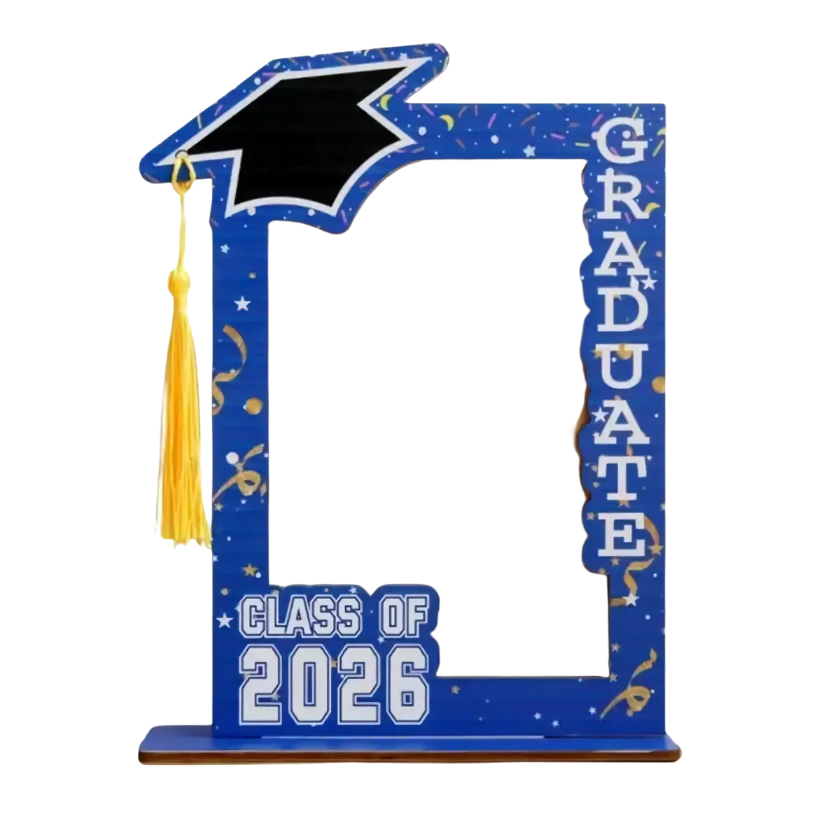 Blue wooden Class of 2026 graduation picture frame with black mortarboard and yellow tassel on starry background